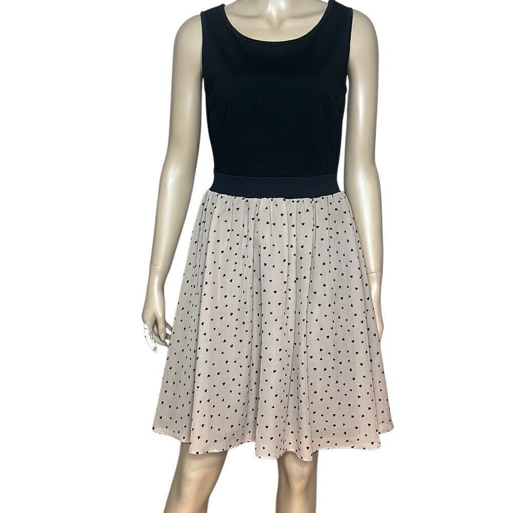 Yumi Black & Beige Sleeveless Fit & Flare Dress Heart Print Skirt US 2/4 (031)